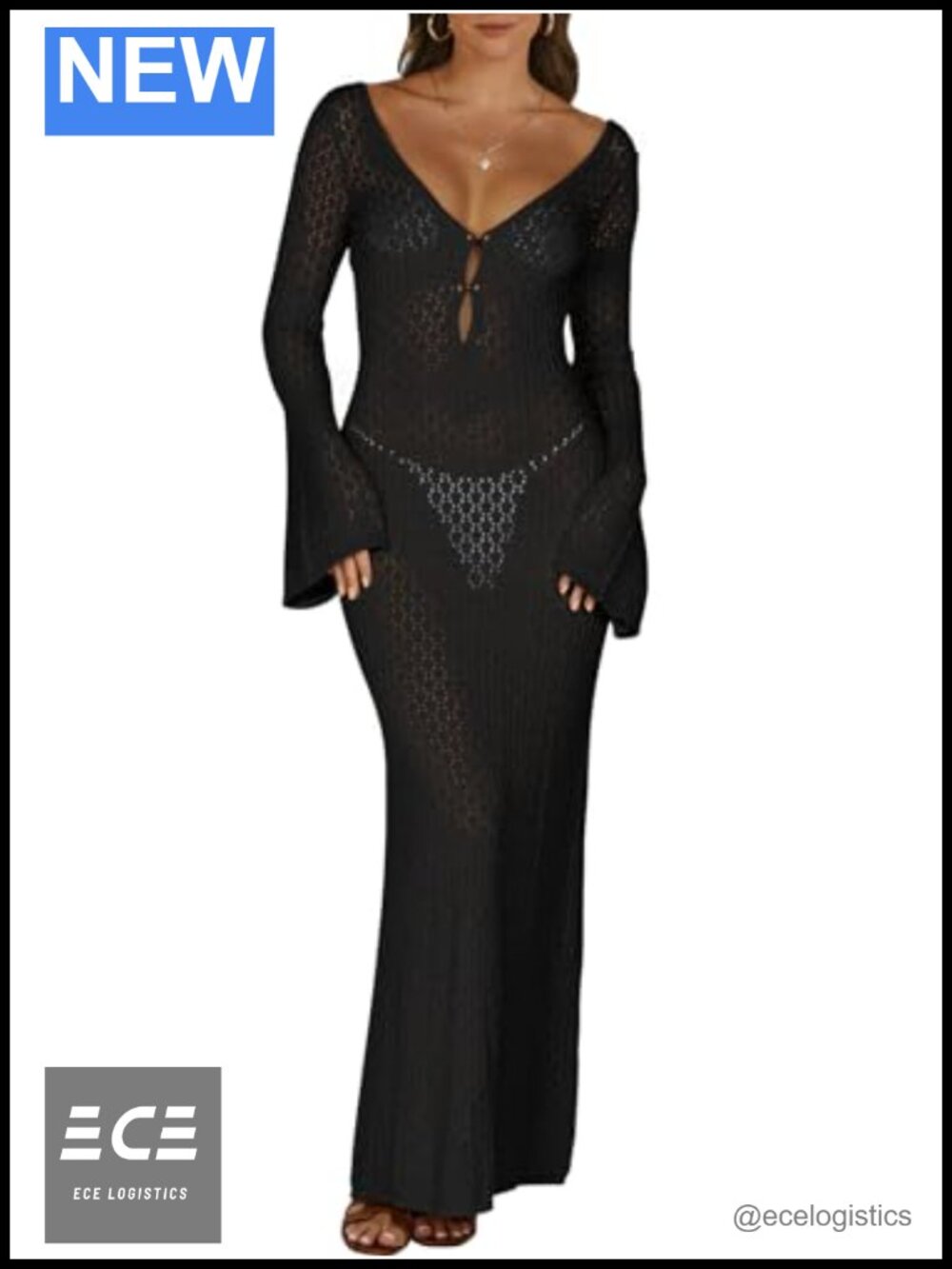 Women's Crochet Knit Swimsuit Coverup V-Neck Beach Maxi Dress